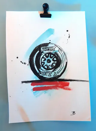 Ink and watercolor sketch of a Formula 1 tire by Tallon Live Event Drawing