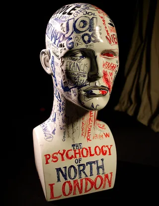 Phrenology head covered in colorful Premier League and psychology text art