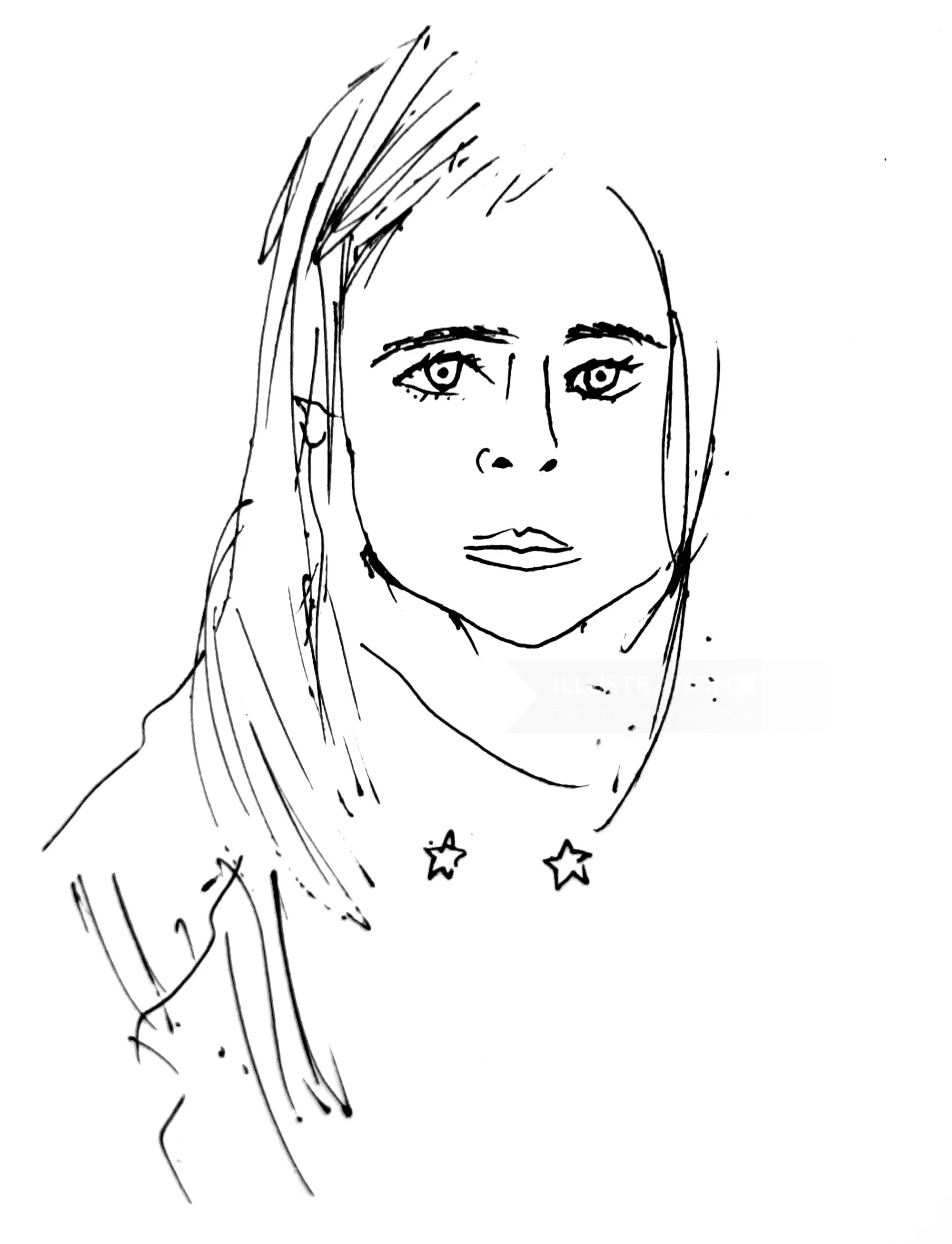 Black ink sketch of a woman's face with star earrings
