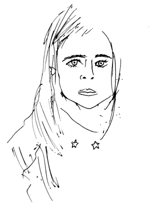 Black ink sketch of a woman's face with star earrings