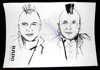 Black ink sketches of two punk-style men with mohawks on white paper