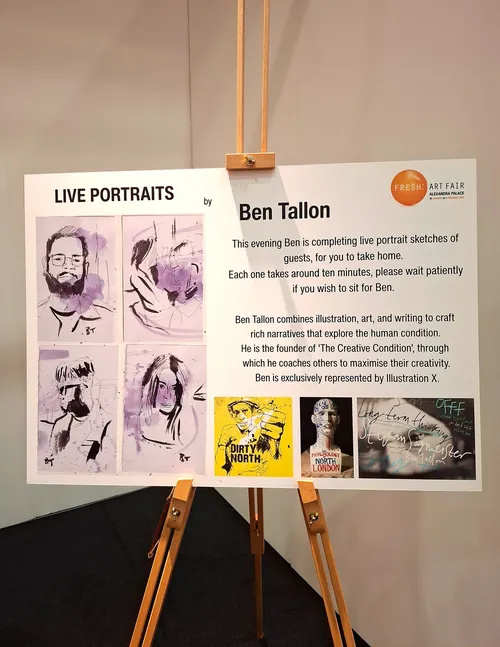 Live portrait sketches with ink, pencil, and watercolor by Ben Tallon