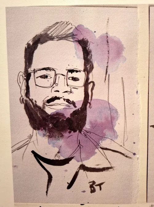 Ink and watercolour portrait illustration by Tallon Live Event Drawing