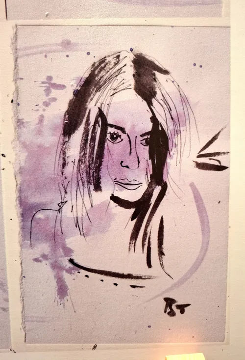 Ink and watercolor portrait sketch by Tallon Live Event Drawing