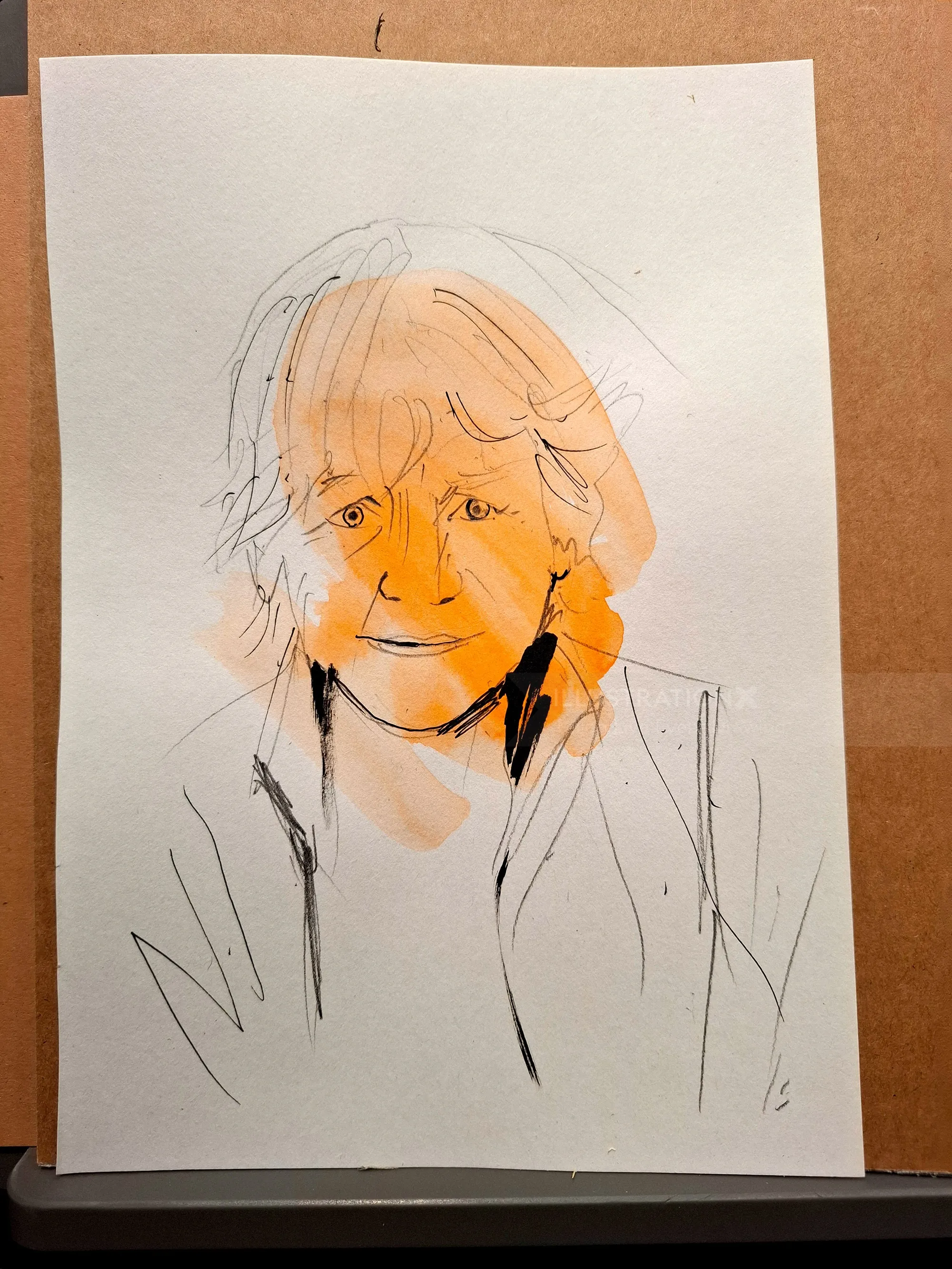Ink and watercolor portrait of an elderly woman by Tallon Live Event Drawing