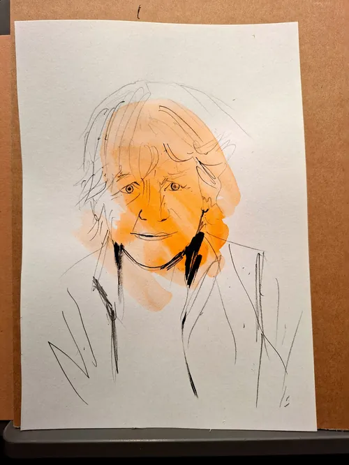Ink and watercolor portrait of an elderly woman by Tallon Live Event Drawing