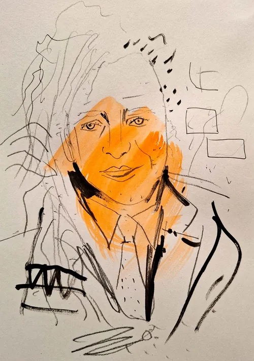 Live event portrait of man using ink, pencil, and watercolour by Tallon Live Event Drawing