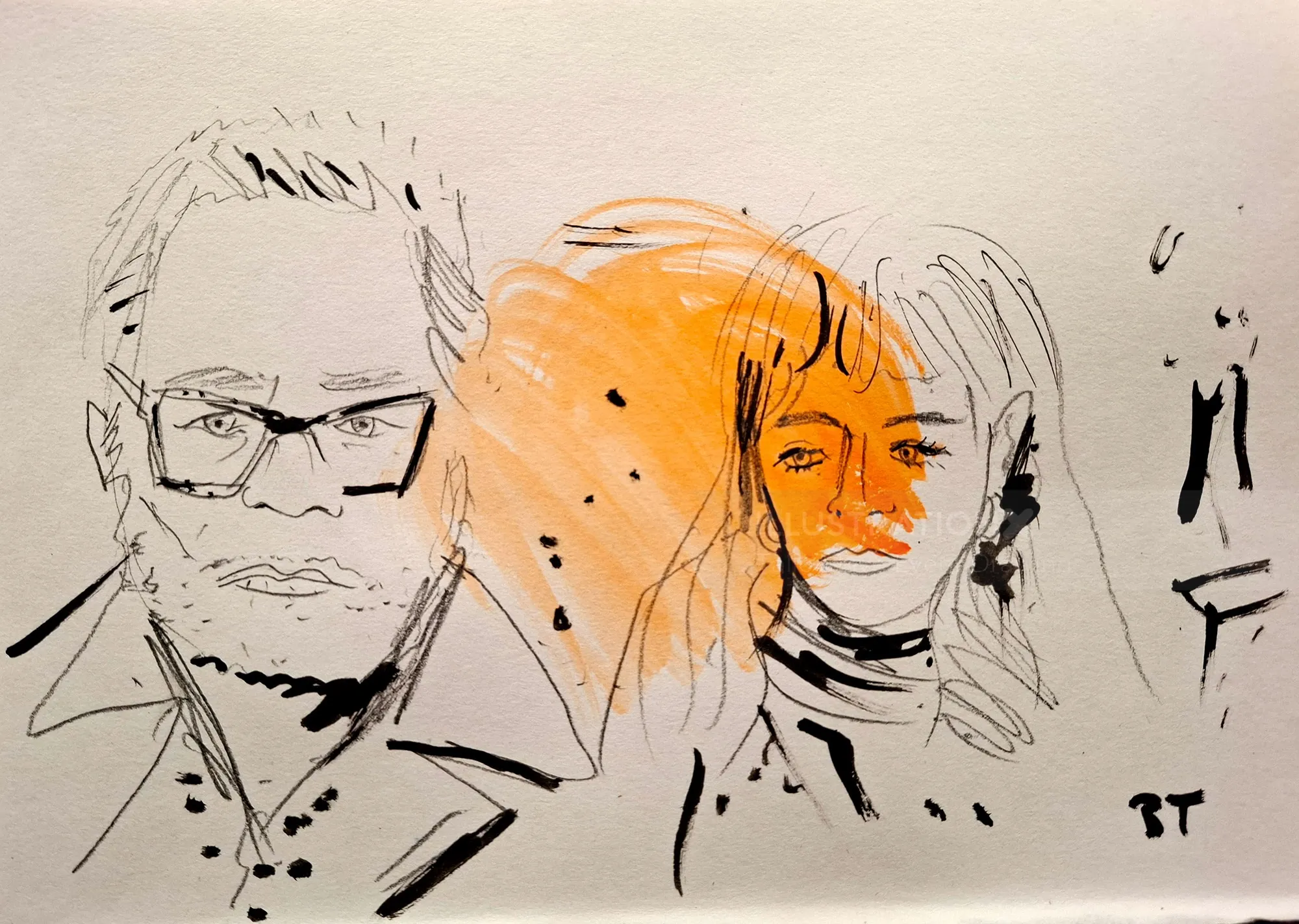 Ink and watercolor live event portrait by Tallon Live Event Drawing