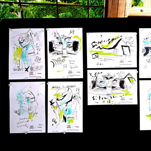Tallon Live Event Drawing sketches of Aston Martin Formula 1 displayed on a wall
