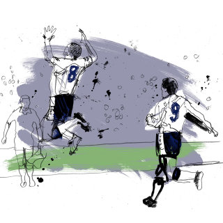 Desenho em aquarela de jogadores de futebol