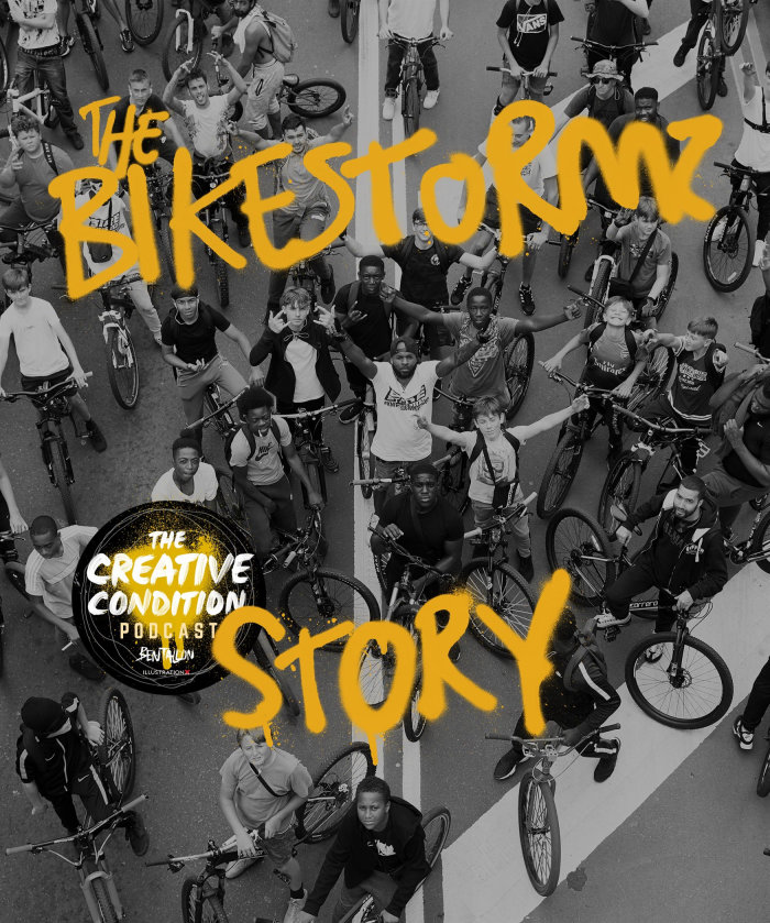 Design do pôster do podcast Bikestormz Story