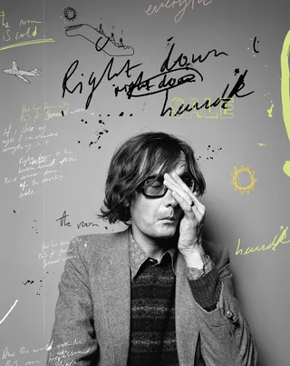 Black and white portrait of Jarvis Cocker with handwritten text overlay