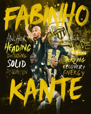 Saudi Pro League football poster featuring Fabinho and Kante with bold yellow text