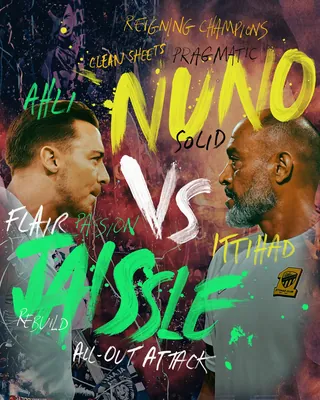 Two male football players facing off in Saudi Pro League poster