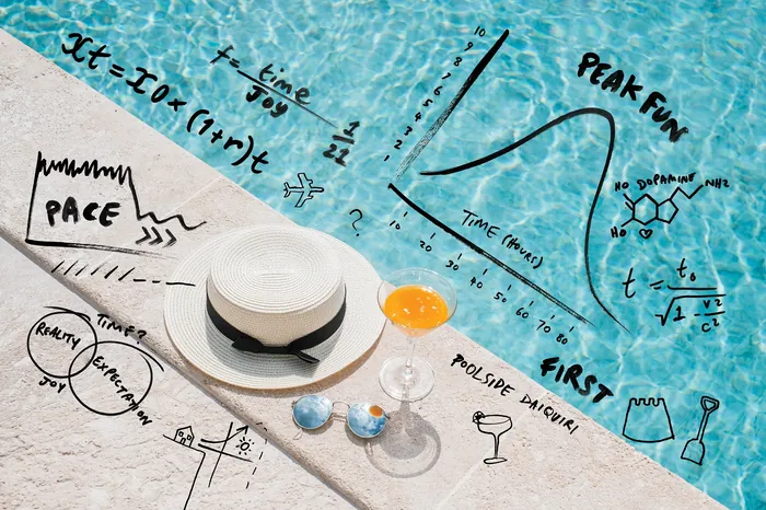 Hand lettering and diagrams with drinks and a hat on fabric