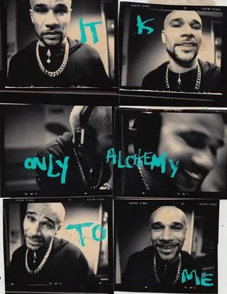 Black and white contact sheet portraits of a man with handwritten text