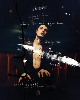 Portrait of man with artistic text and brush strokes overlay