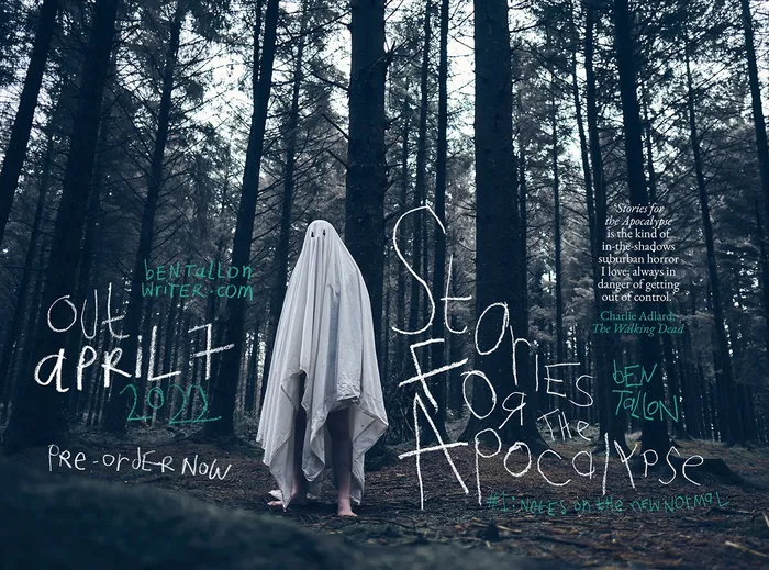 Person in white sheet costume standing in a dark forest