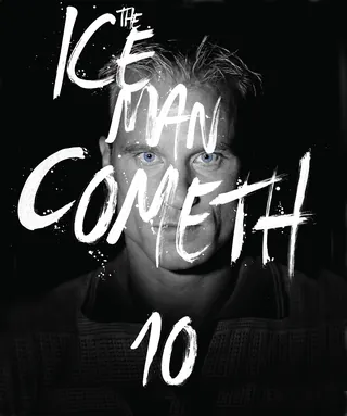 Black and white portrait of footballer with 'The Ice Man Cometh 10' text