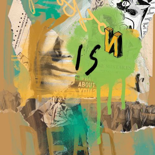 Mixed media artwork with abstract shapes and text reading nostalgia is dead