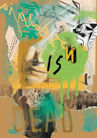 Mixed media artwork with abstract shapes and text reading nostalgia is dead