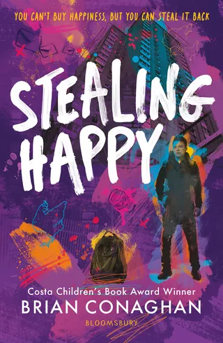 Stealing Happy book cover with hand-lettered title and character illustration