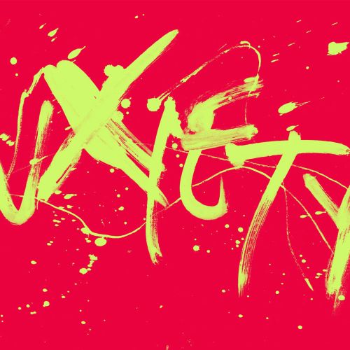 Bright yellow hand lettering of the word ANXIETY on red background