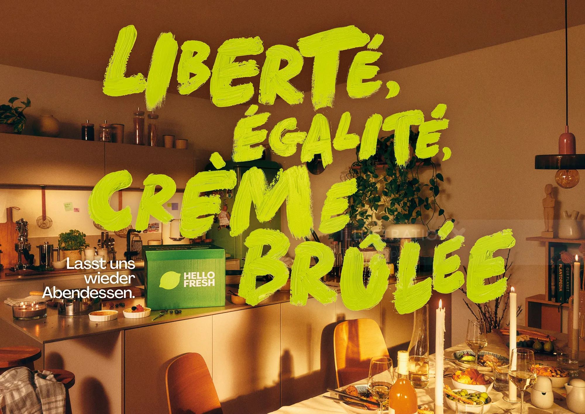 Hello Fresh campaign with bright yellow brush lettering in a cozy kitchen, by Tallon Type
