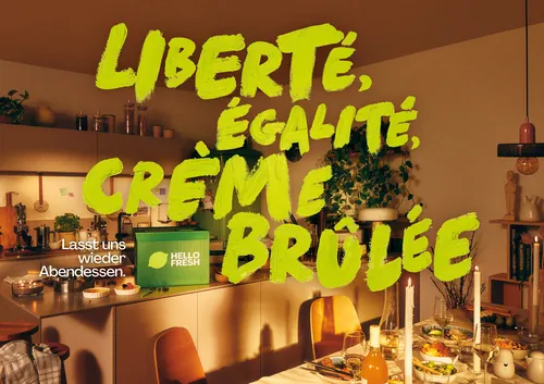 Hello Fresh campaign with bright yellow brush lettering in a cozy kitchen, by Tallon Type