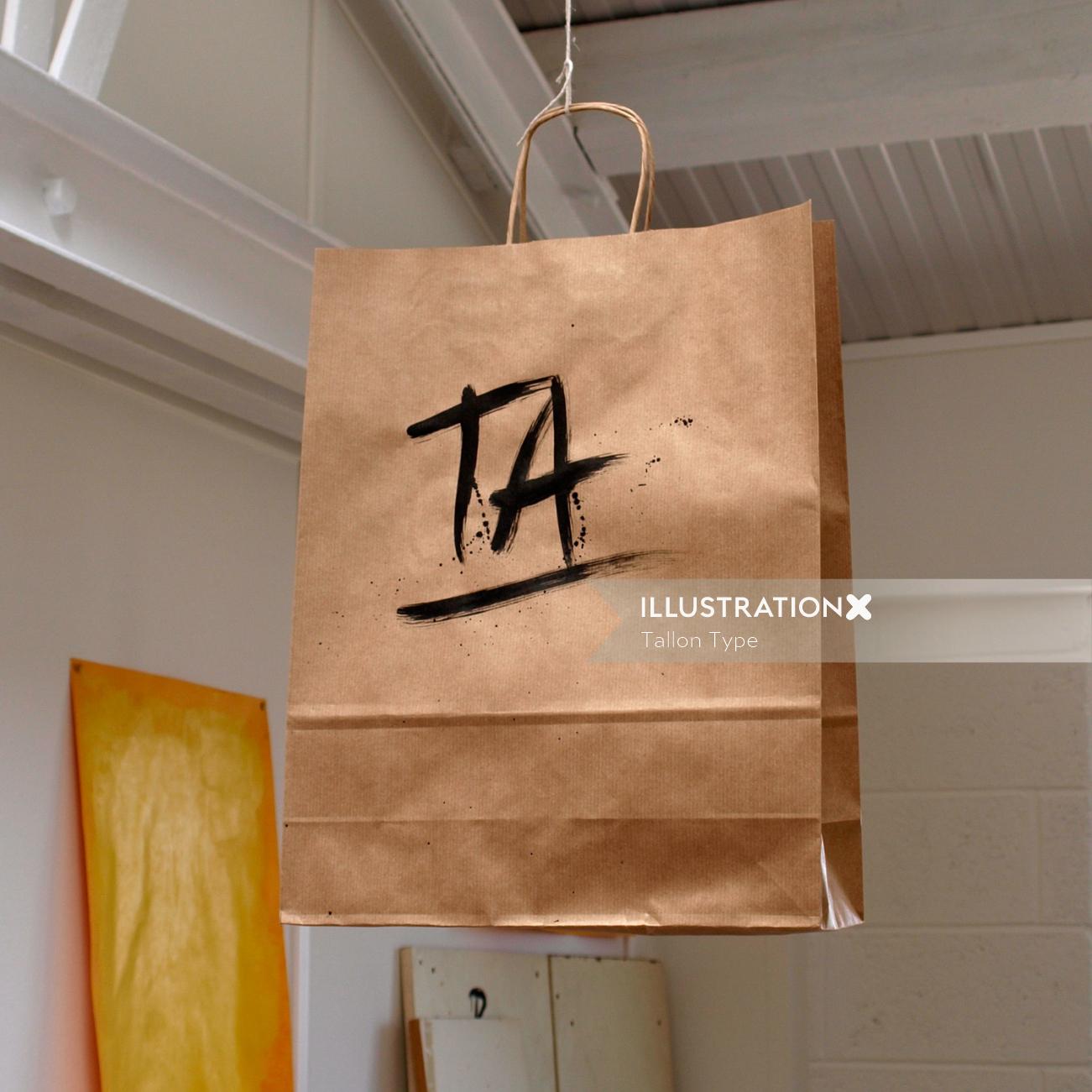 Ta lettering on carrying bag by Tallon Type