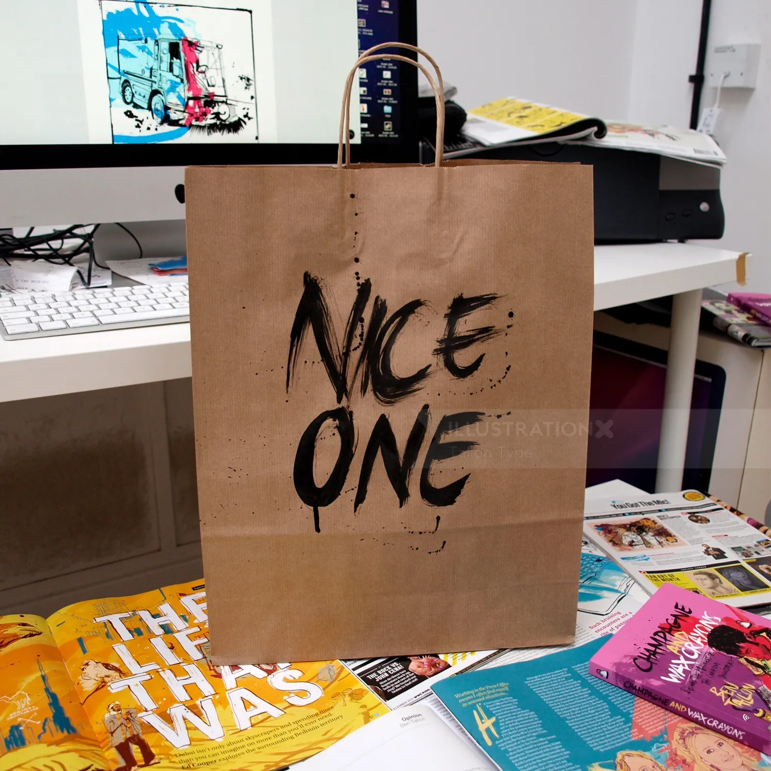 Nice one lettering on carrying bag by Tallon Type
