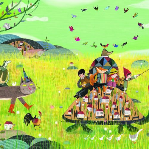 Decorative illustration of travelling animals