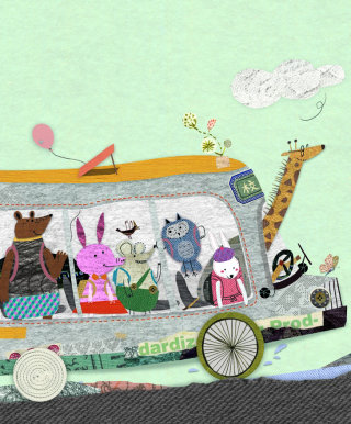 Ilustração de animais viajando em ônibus 