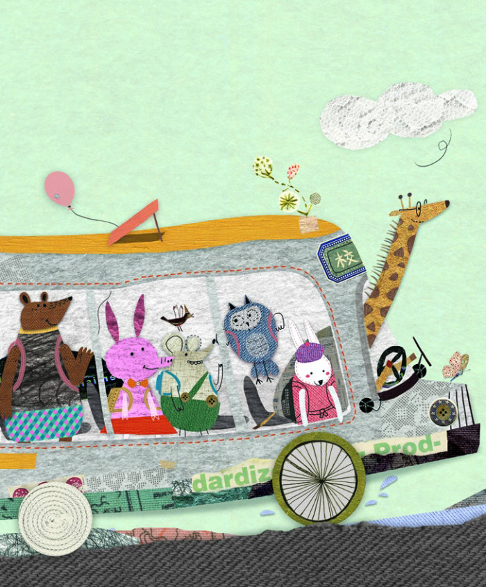 Animals travelling on bus illustration 