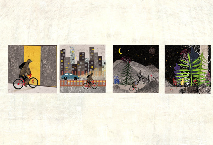 クマの自転車運転のコラージュとモンタージュのイラスト