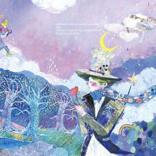 Whimsical fantasy scene with glowing blue trees and fantastical characters
