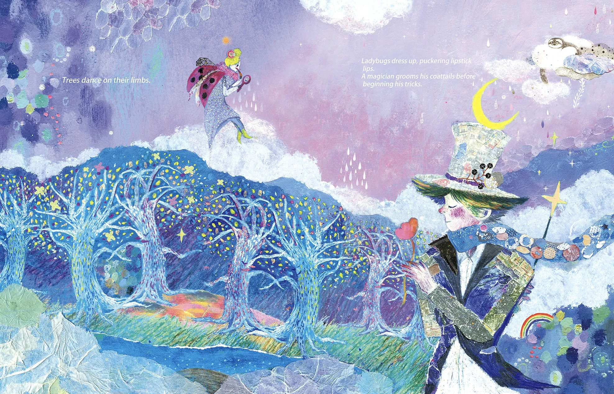Whimsical fantasy scene with glowing blue trees and fantastical characters