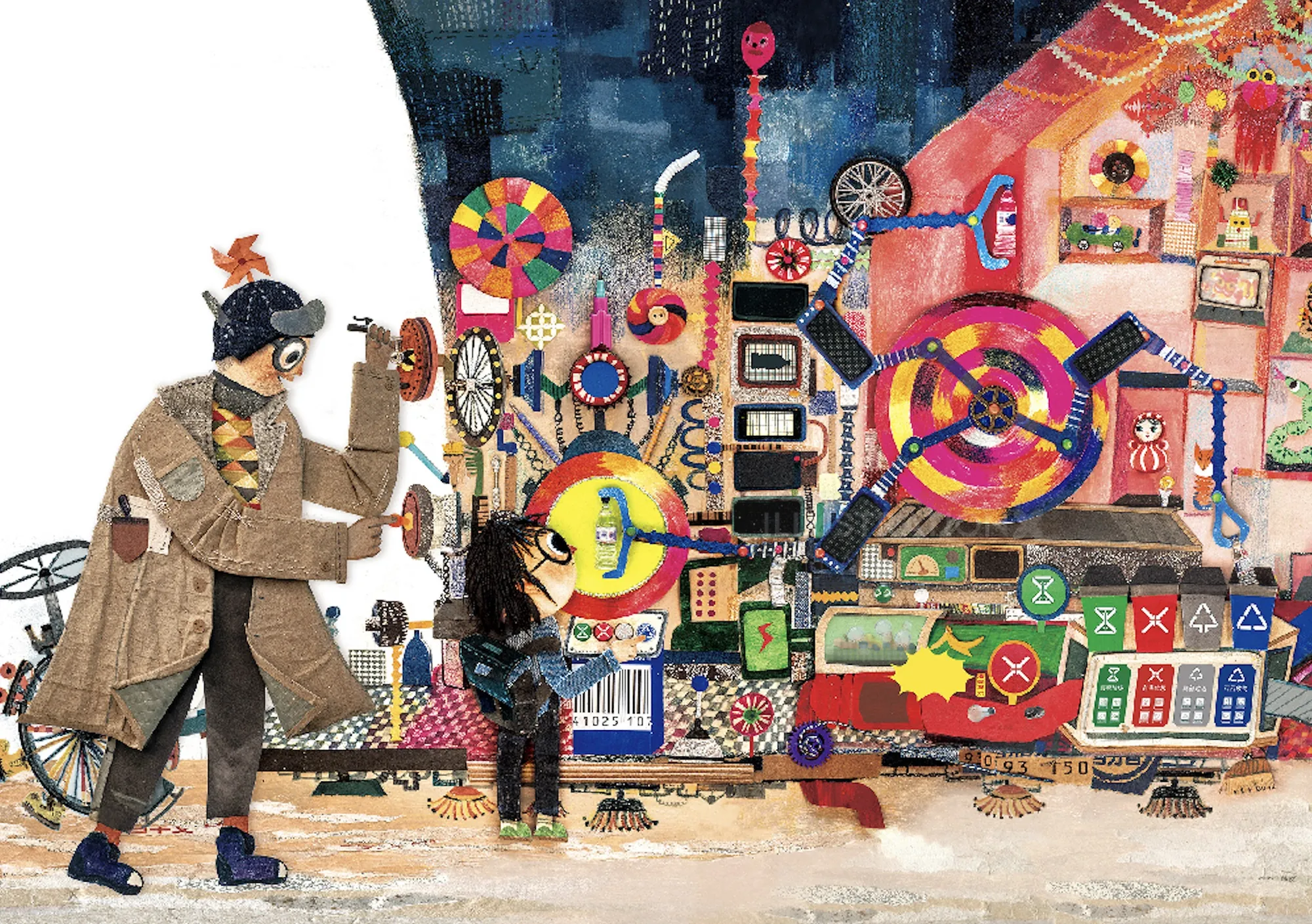 Person with dog interacting with complex colorful steampunk machine.