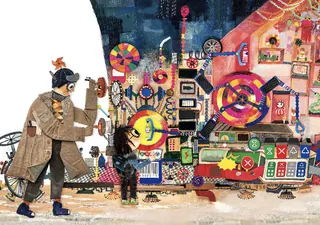 Person with dog interacting with complex colorful steampunk machine.