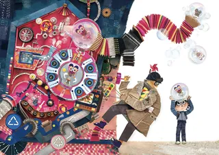 Steampunk-inspired machine with two people and colorful mechanical parts