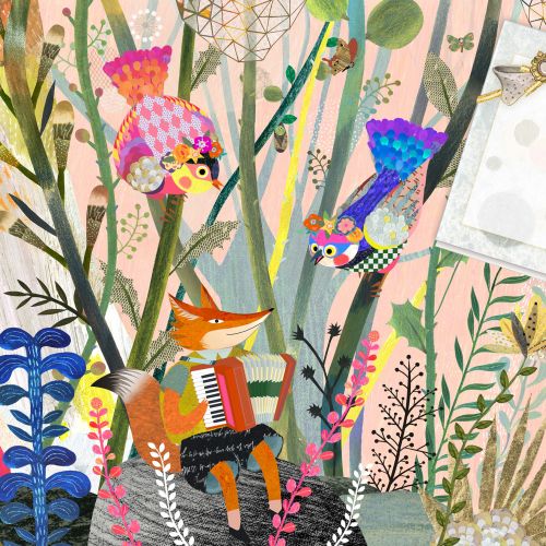 Fox playing accordion surrounded by colorful birds and plants in whimsical garden