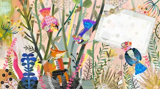 Fox playing accordion surrounded by colorful birds and plants in whimsical garden
