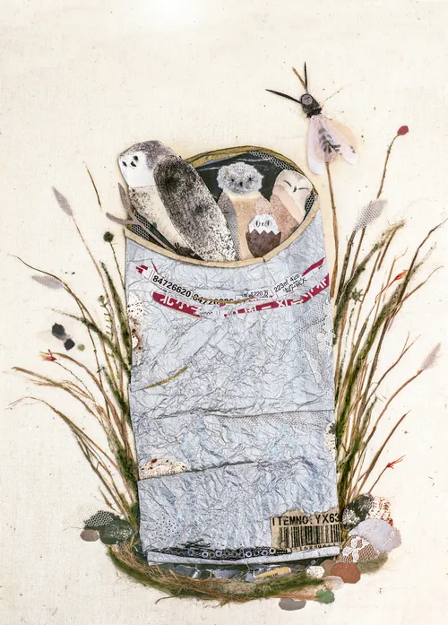 Owls inside a paper bag with plants around it illustration