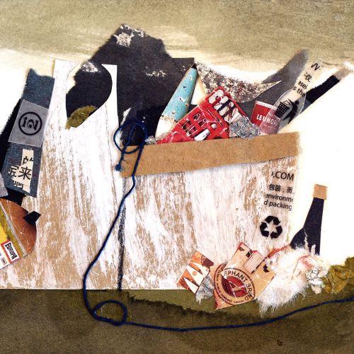 Abstract collage with torn paper layers and mixed textures in neutral tones