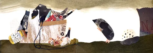 Abstract collage with torn paper layers and mixed textures in neutral tones