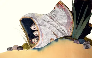 Three baby animals inside hollow tree trunk with rocks and plants