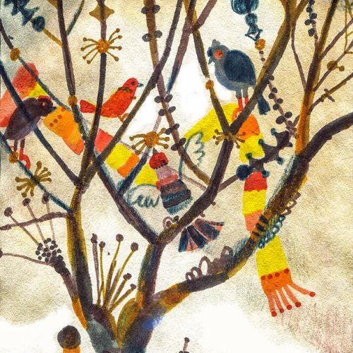 Colorful birds sitting on a tree with branches and plants below