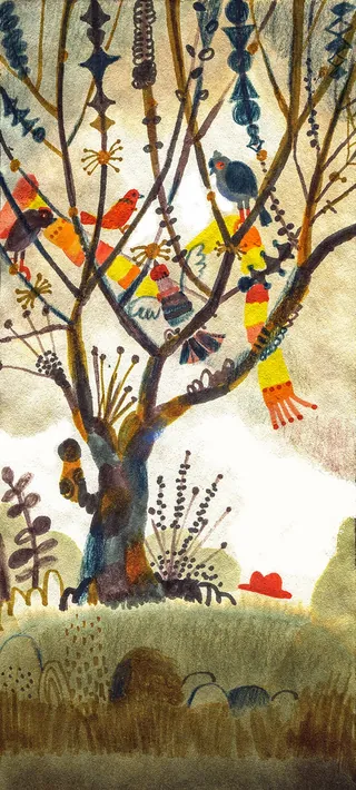 Colorful birds sitting on a tree with branches and plants below