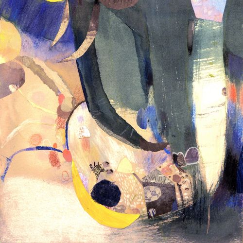 Abstract painting with an elephant and a human figure in muted colors