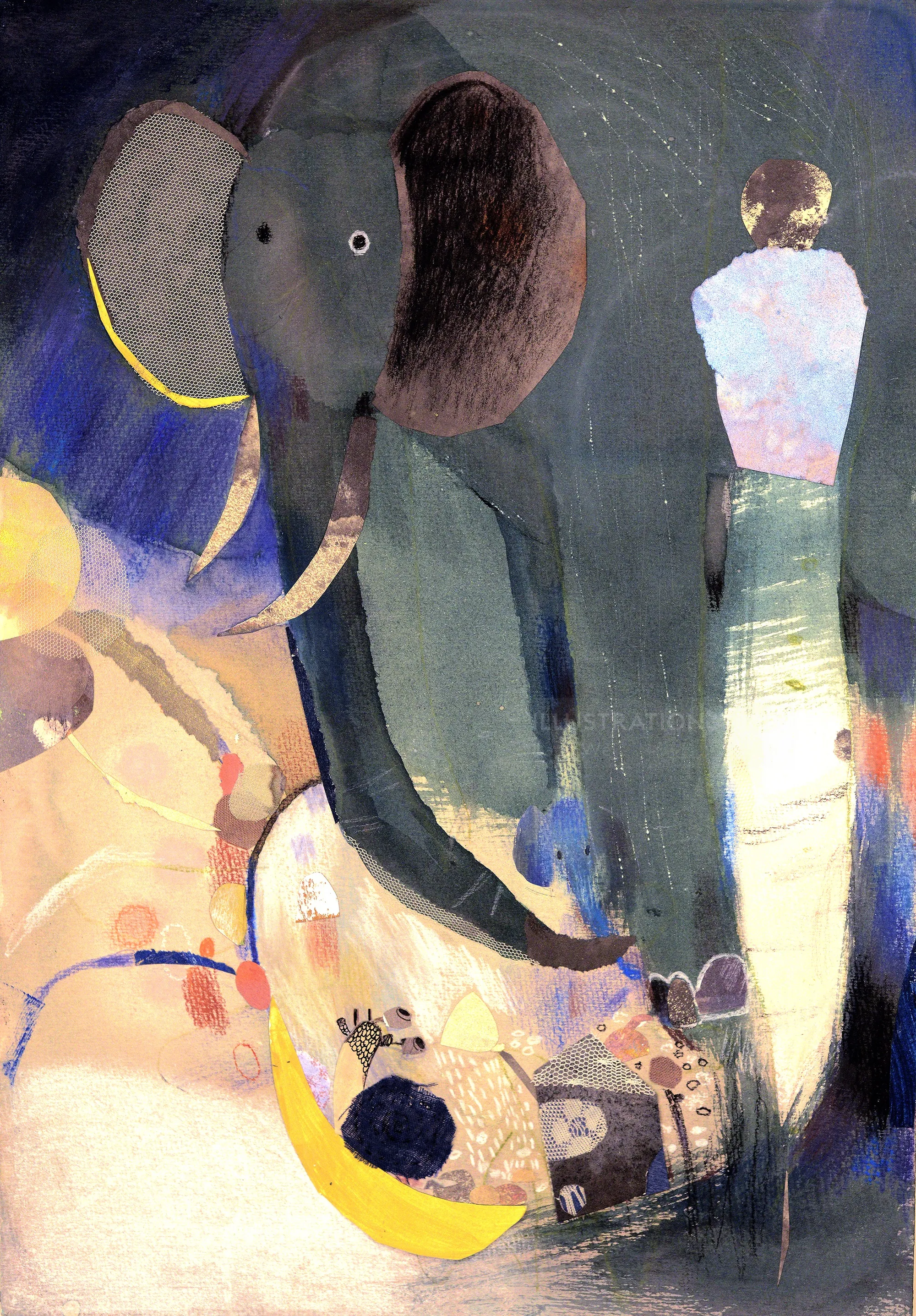 Abstract painting with an elephant and a human figure in muted colors
